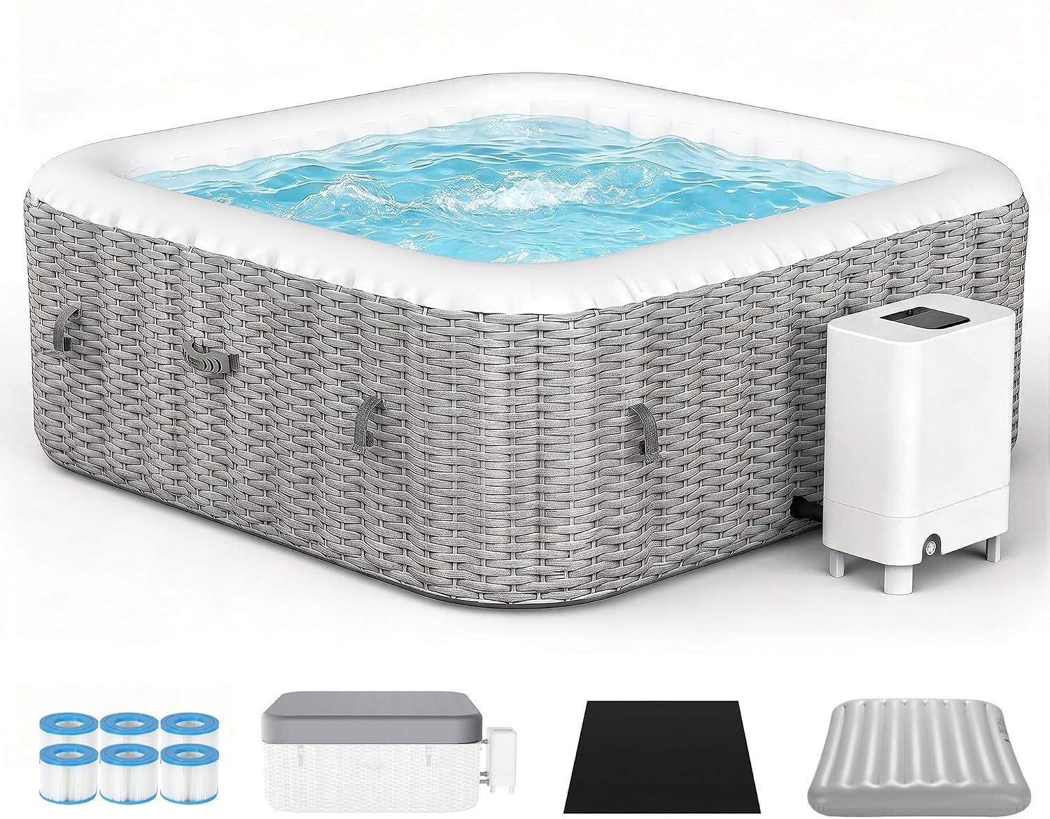 UHOMEPRO Inflatable Hot Tub Spa Set, Outdoor Bubble Massage 73" Square Portable Hot Tubs, 4-6 Person Outdoor Hot Tub with External Heater Pump, 130 Soothing Jets, 6 Filter Cartridges