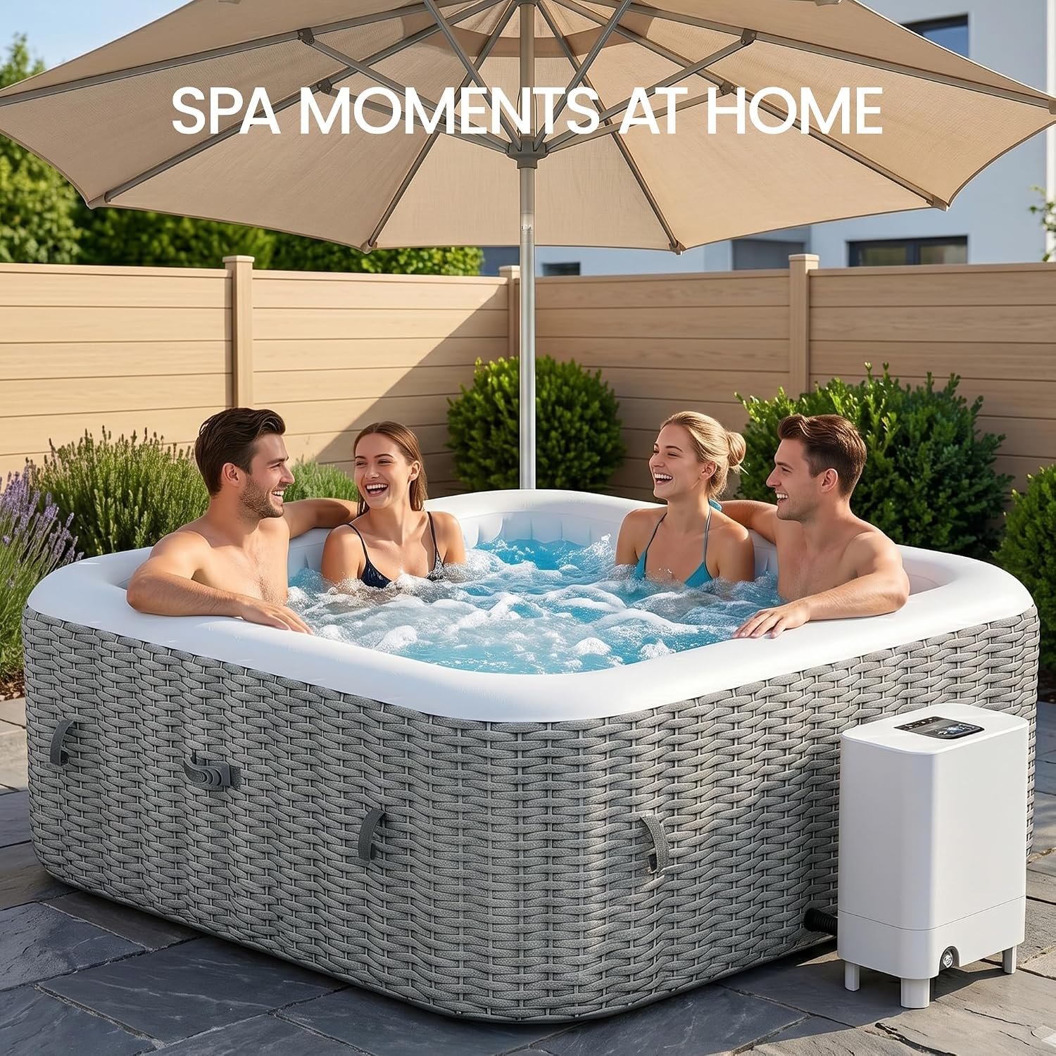 UHOMEPRO Inflatable Hot Tub Spa Set, Outdoor Bubble Massage 73" Square Portable Hot Tubs, 4-6 Person Outdoor Hot Tub with External Heater Pump, 130 Soothing Jets, 6 Filter Cartridges - Image 2