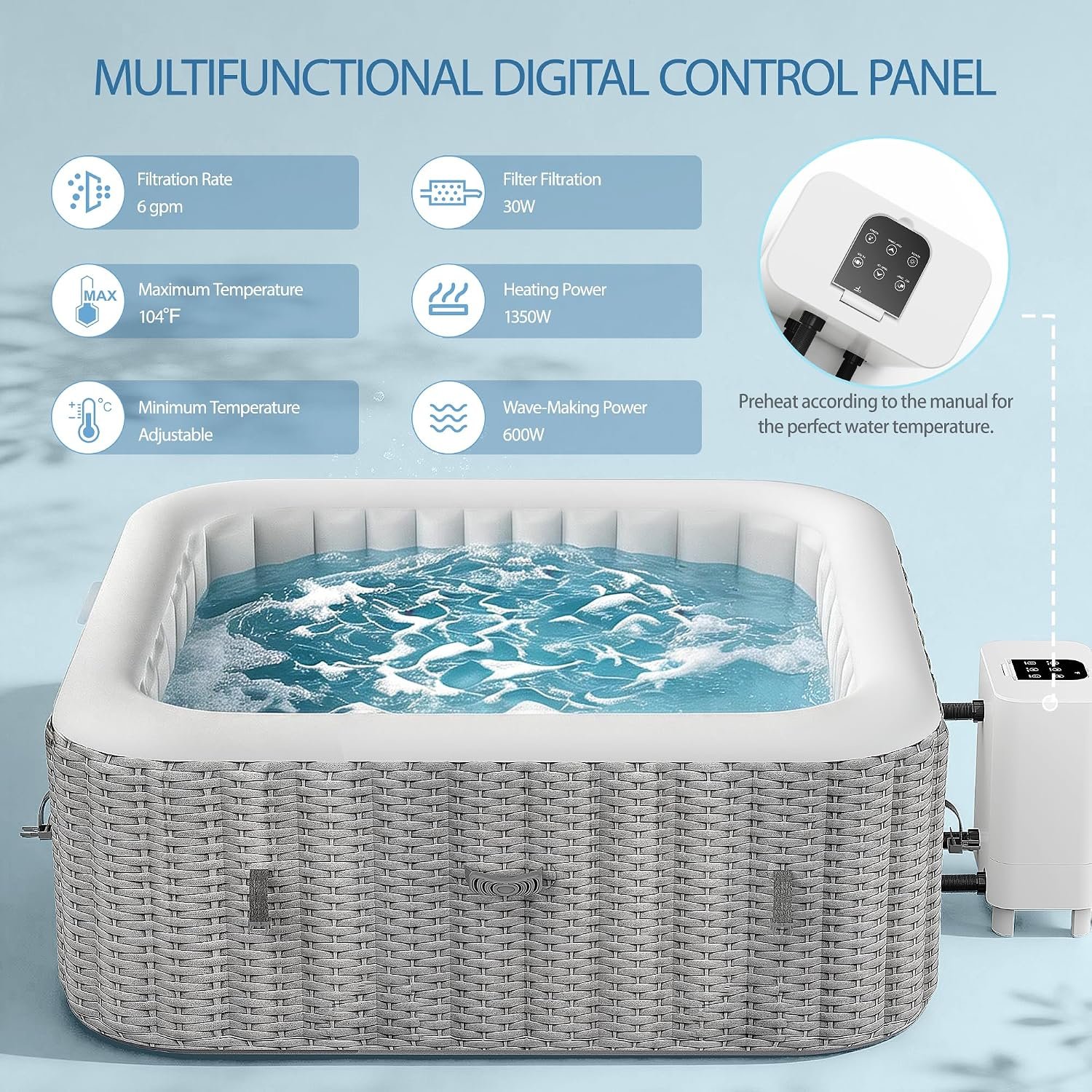 UHOMEPRO Inflatable Hot Tub Spa Set, Outdoor Bubble Massage 73" Square Portable Hot Tubs, 4-6 Person Outdoor Hot Tub with External Heater Pump, 130 Soothing Jets, 6 Filter Cartridges - Image 5