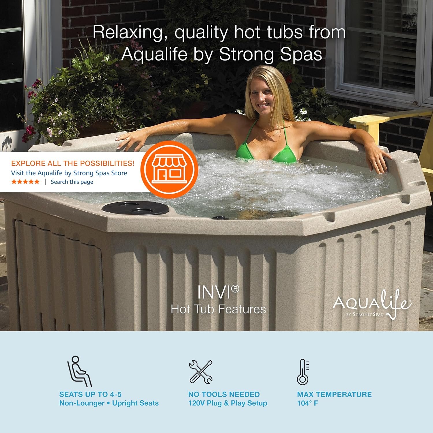 Aqualife by Strong Spas Invi 5 Person Rigid Resin Hot Tub Spa, 11 Jets, 2BHP 2-Speed Pump, Stainless Steel Heater, 120V Plug & Play, Full Foam Insulation, 4 Season Outdoor, LED, Cover and Filter - Image 3