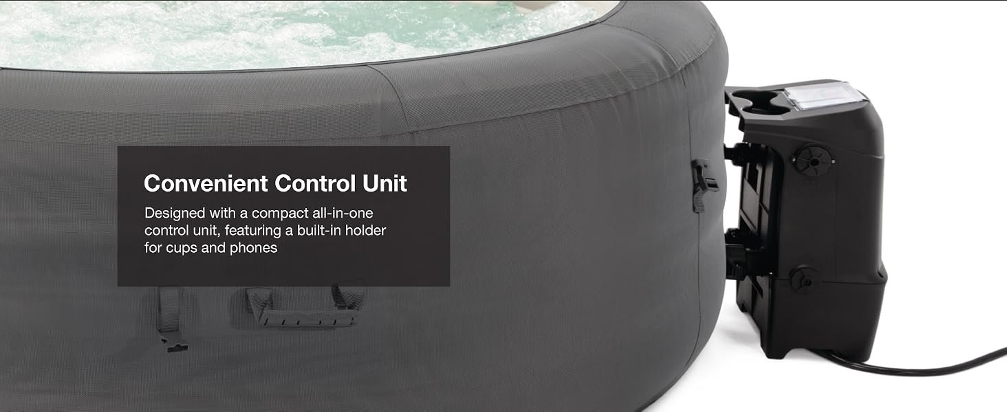 Close-up of spa’s control unit with cup holders, attached to the outer wall of the tub.