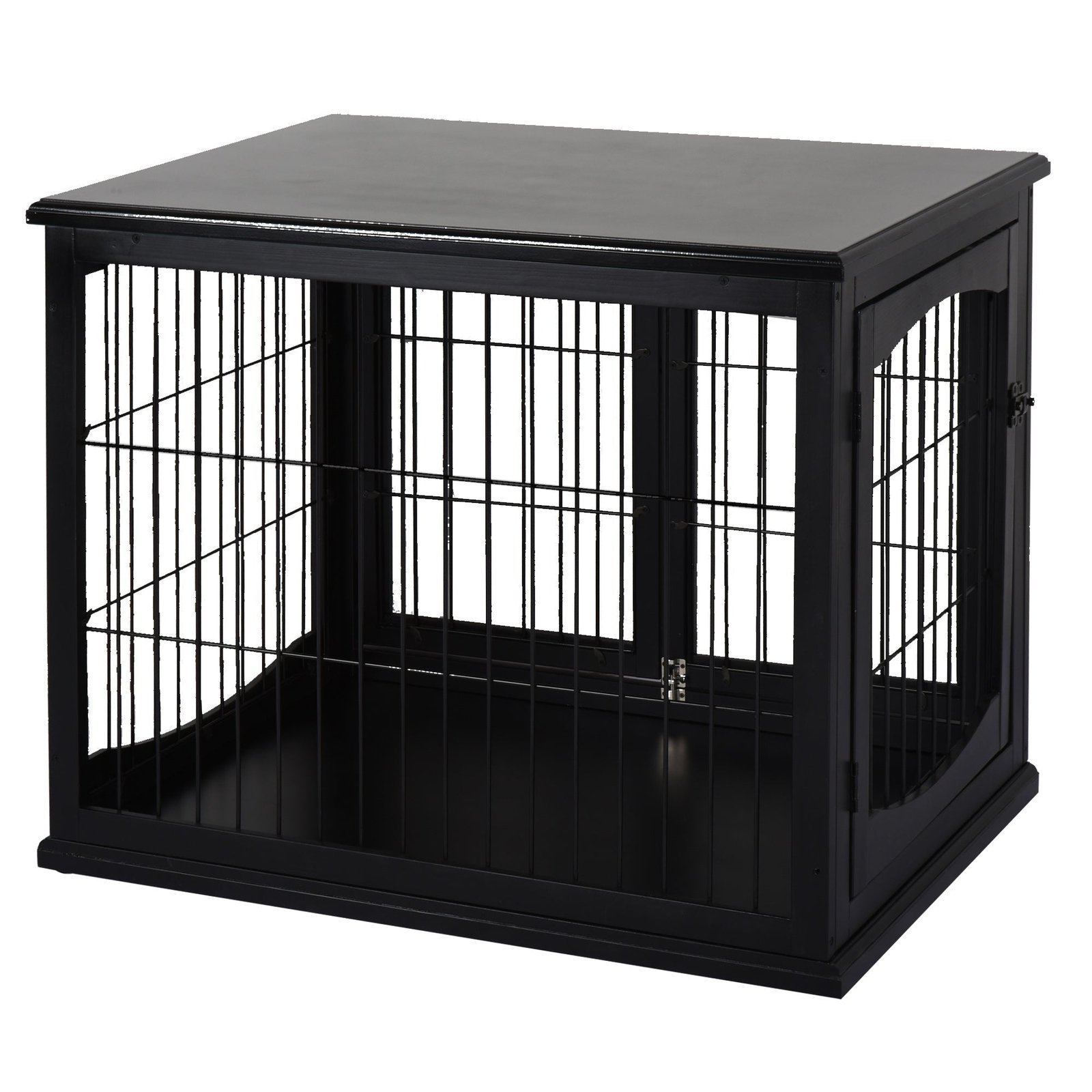 26'' Wooden Decorative Dog Cage Pet Crate Kennel with Double Door Entrance & a Simple Modern Design Black