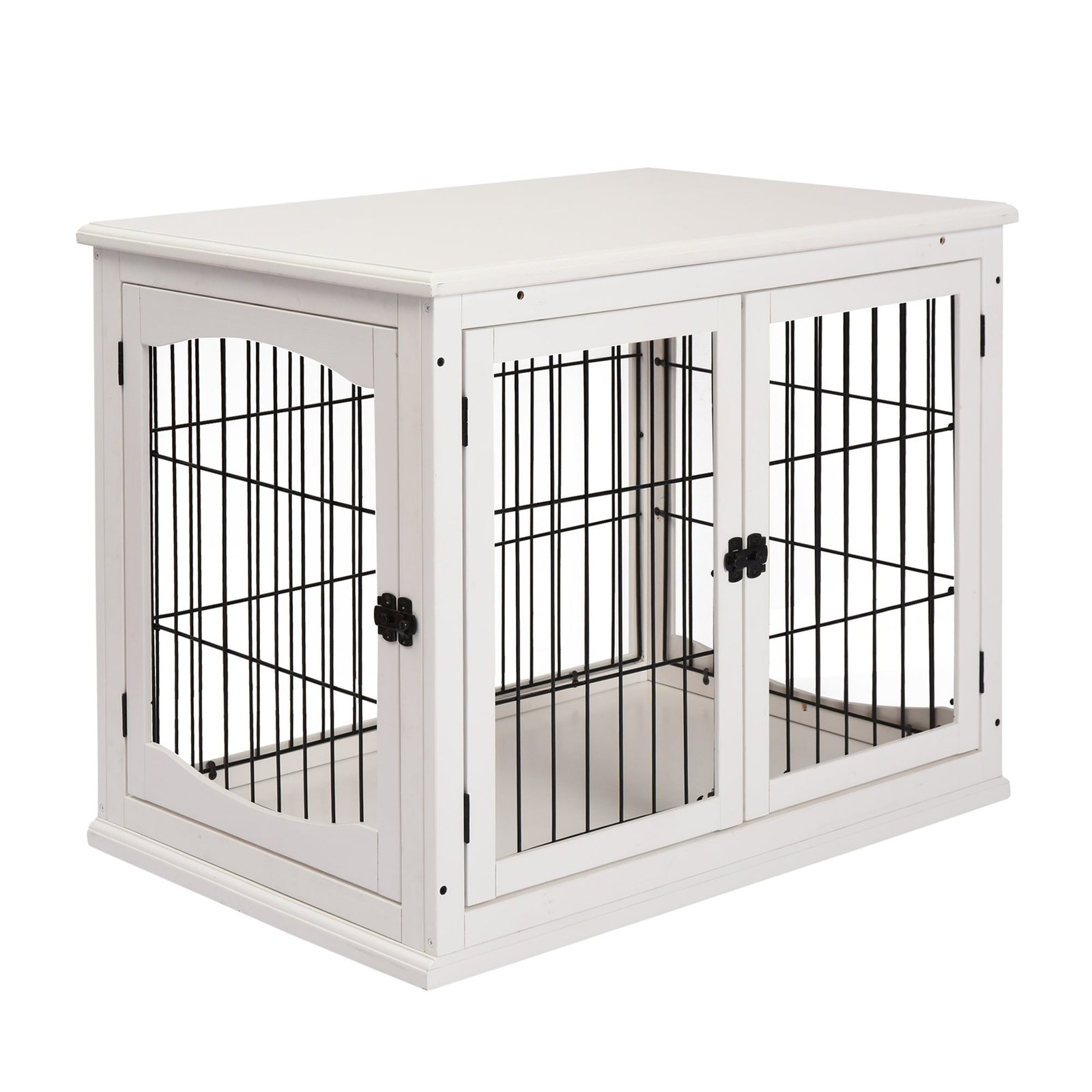 26" Wooden Dog Crate, Furniture Style Pet Cage Kennel, End Table, with Lockable Double Door Entrance, and Top Shelf, White