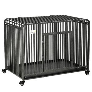 43" Heavy Duty Dog Cage, Foldable Steel Crate Kennel with Removable Tray, Double Doors, 4 Lockable Wheels for Medium & Large Dogs, Dark Silver