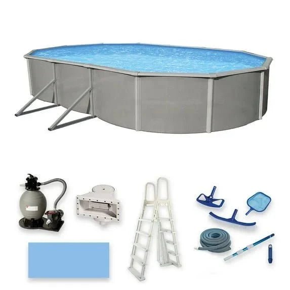 Belize 12-ft x 24-ft Oval 52-in Deep 6-in Top Rail Metal Wall Swimming Pool Package