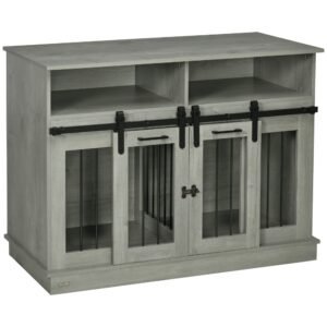 Dog Crate Furniture for Large Dogs, Double Dog Kennel for Small Dogs with Shelves, Sliding Doors, 47" x 23.5" x 35", Gray