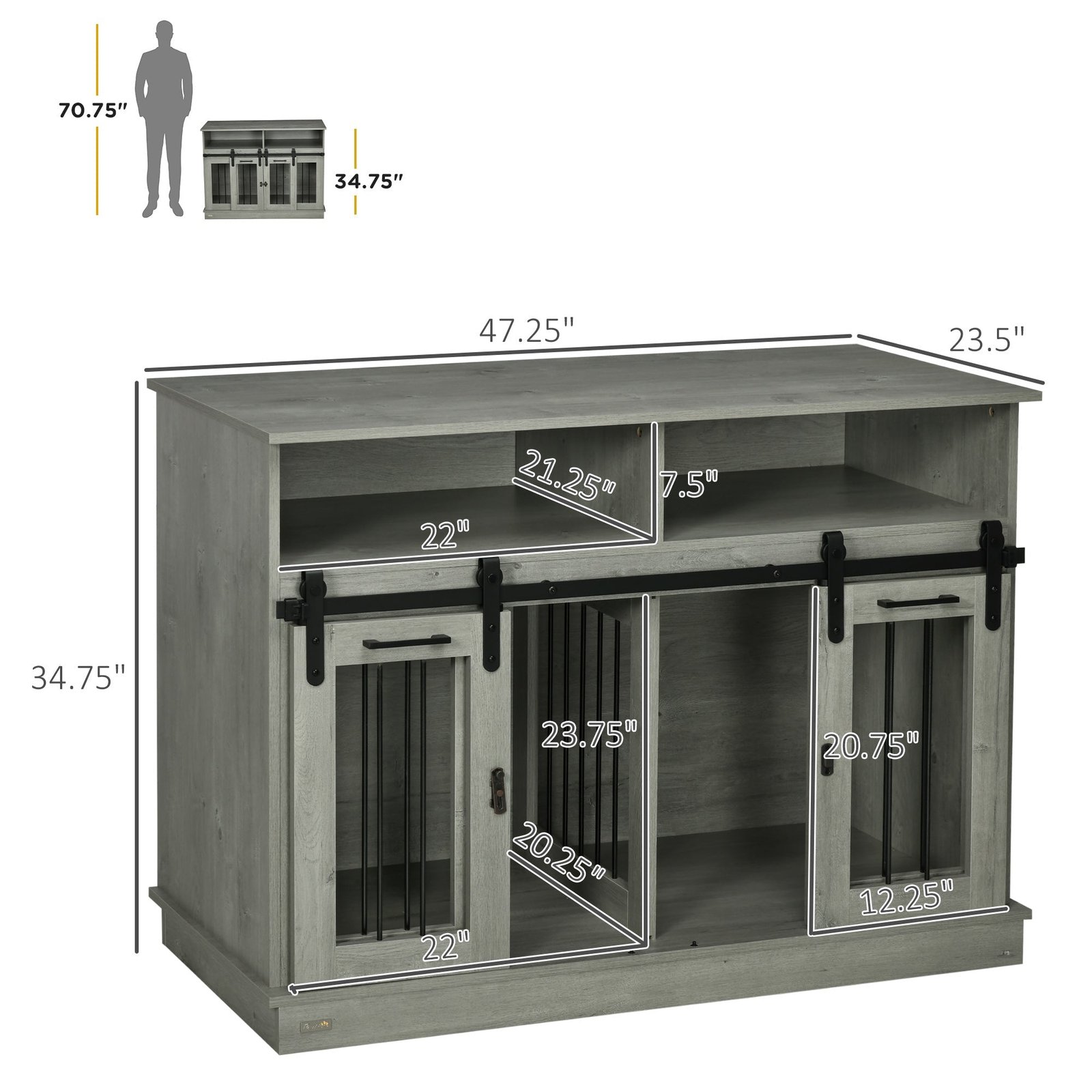 Dog Crate Furniture for Large Dogs, Double Dog Kennel for Small Dogs with Shelves, Sliding Doors, 47" x 23.5" x 35", Gray - Image 3