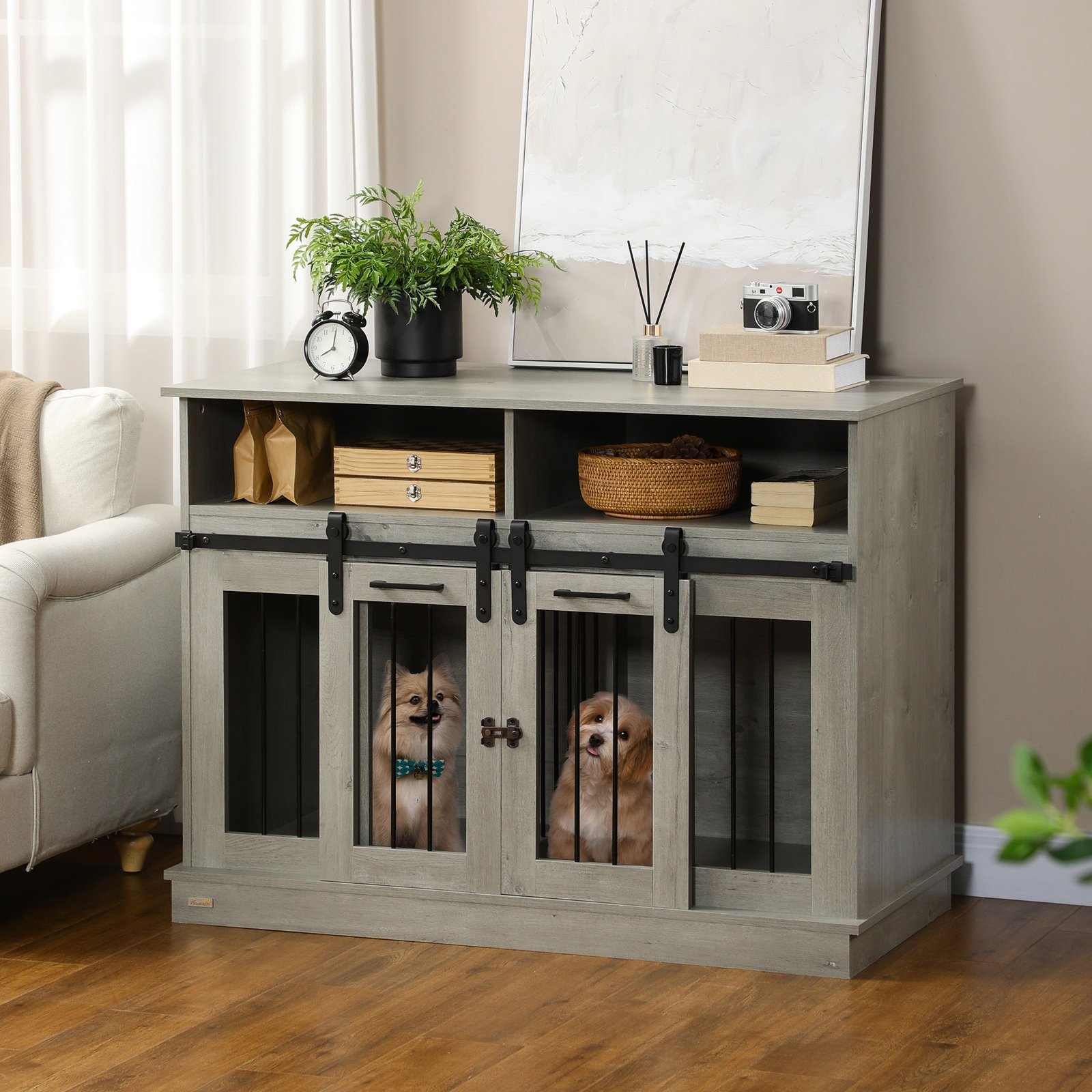 Dog Crate Furniture for Large Dogs, Double Dog Kennel for Small Dogs with Shelves, Sliding Doors, 47" x 23.5" x 35", Gray - Image 2