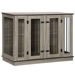 Dog Crate Furniture with Divider Panel, Dog Kennel End Table for Large Dogs, Decorative Pet House with Two Rooms Design, for 2 Small Dogs