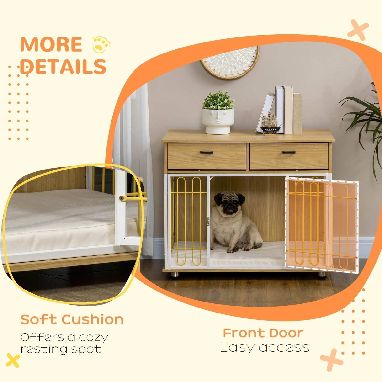 Dog Crate with Drawers, Soft Cushion, Lockable Door, for Small and Medium Dogs, Oak - Image 6