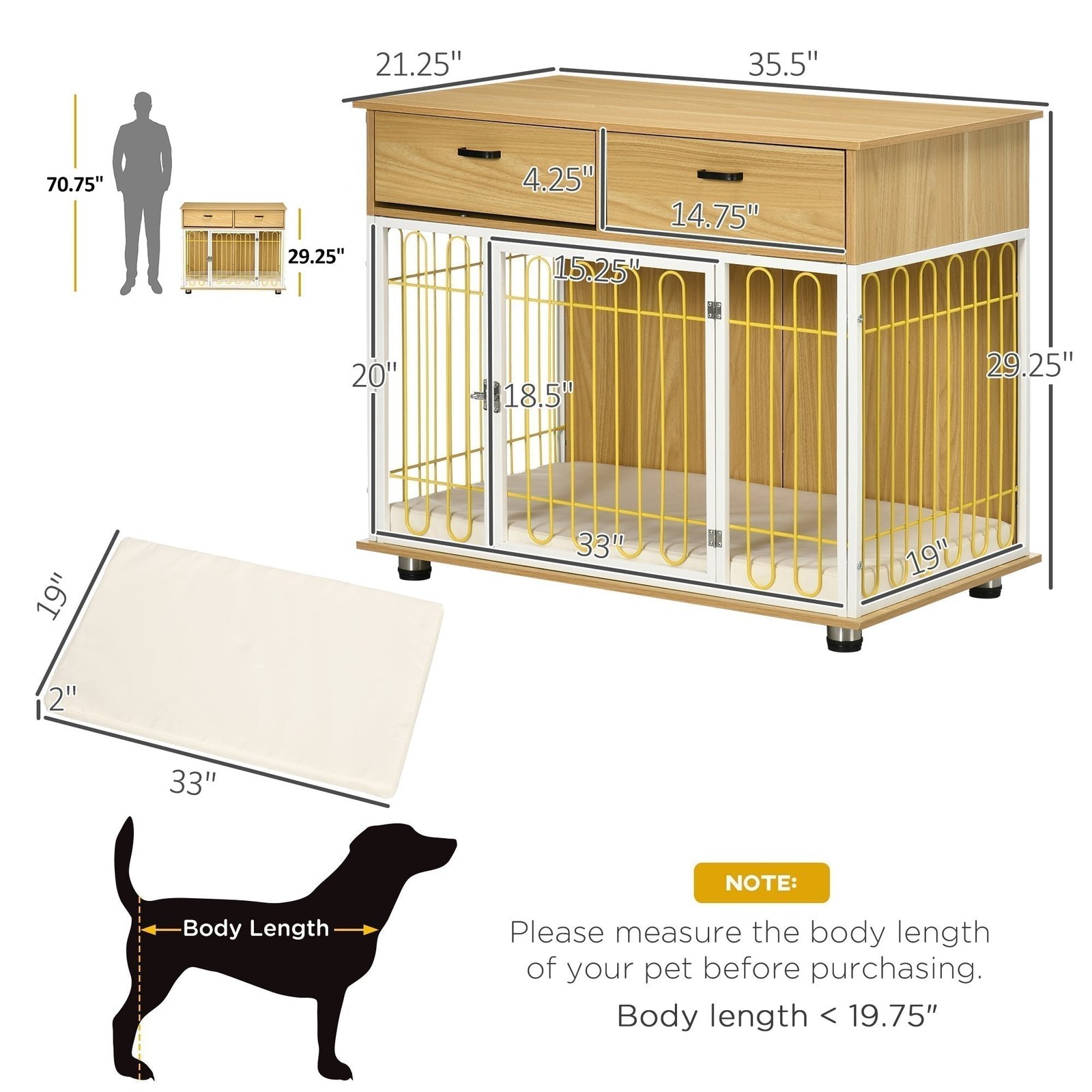 Dog Crate with Drawers, Soft Cushion, Lockable Door, for Small and Medium Dogs, Oak - Image 3