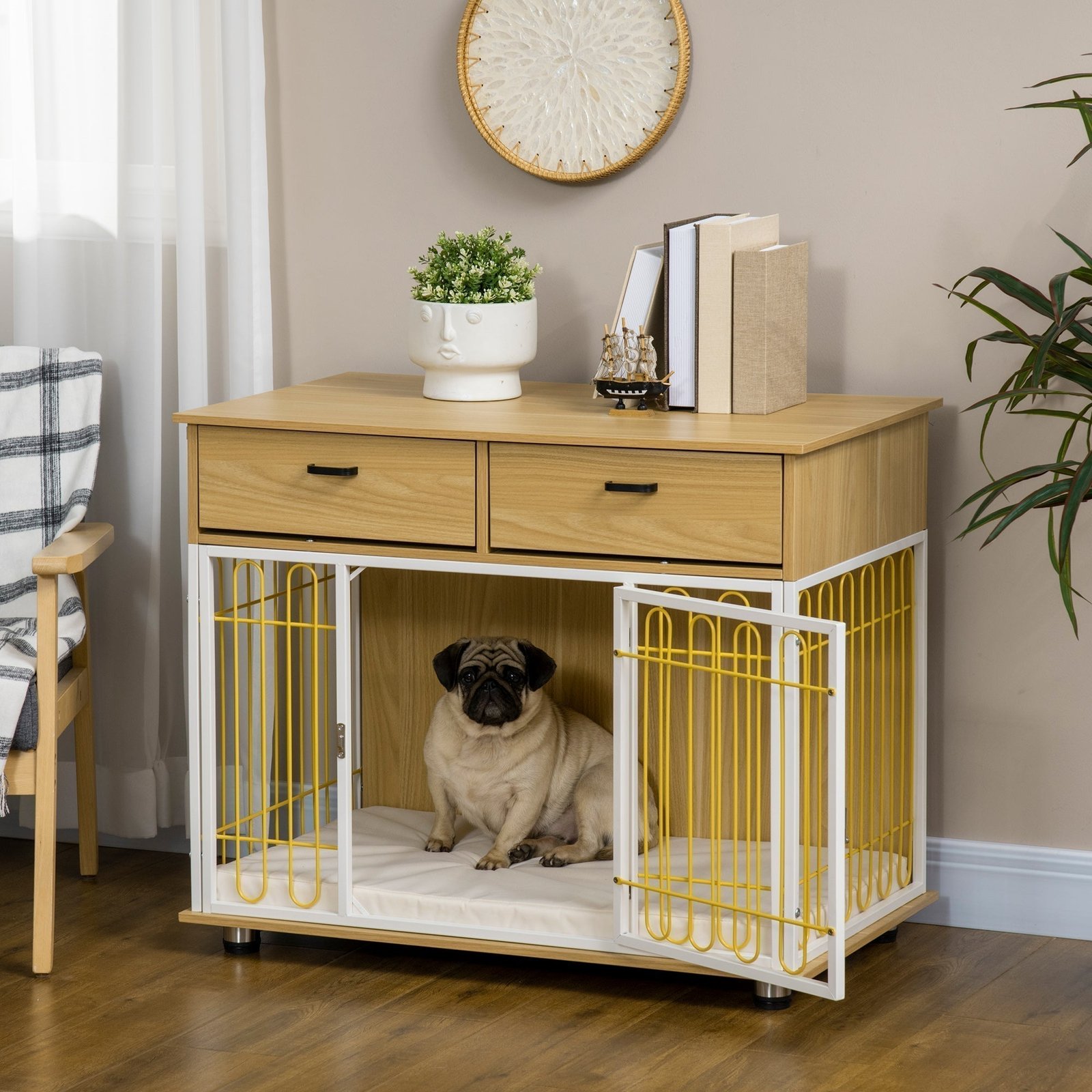 Dog Crate with Drawers, Soft Cushion, Lockable Door, for Small and Medium Dogs, Oak - Image 2