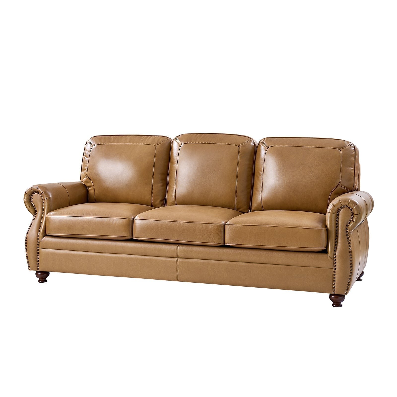Gerardo Genuine Leather Sofa – Camel Rolled Arm Nailhead Sofa - Image 12