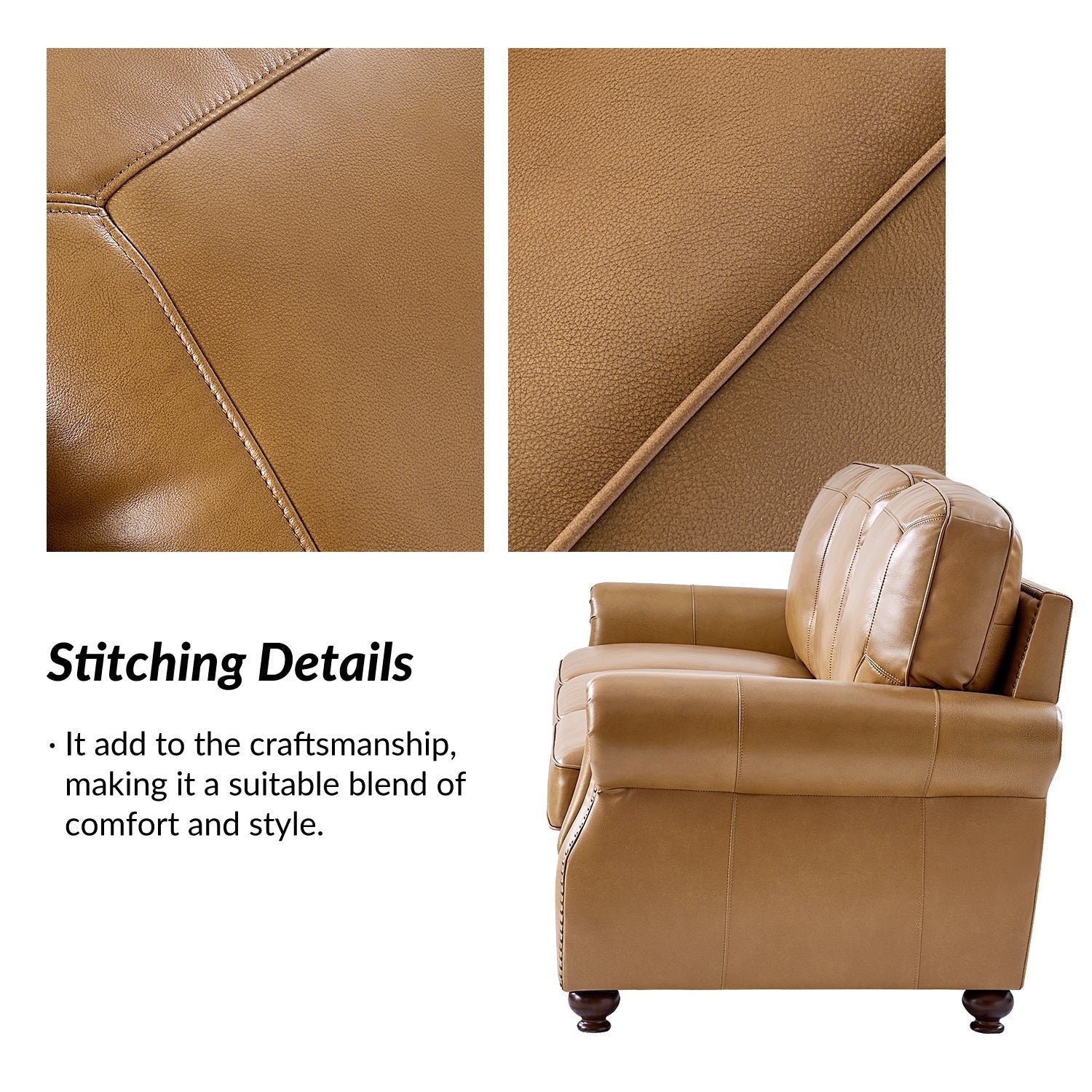 Gerardo Genuine Leather Sofa – Camel Rolled Arm Nailhead Sofa - Image 7