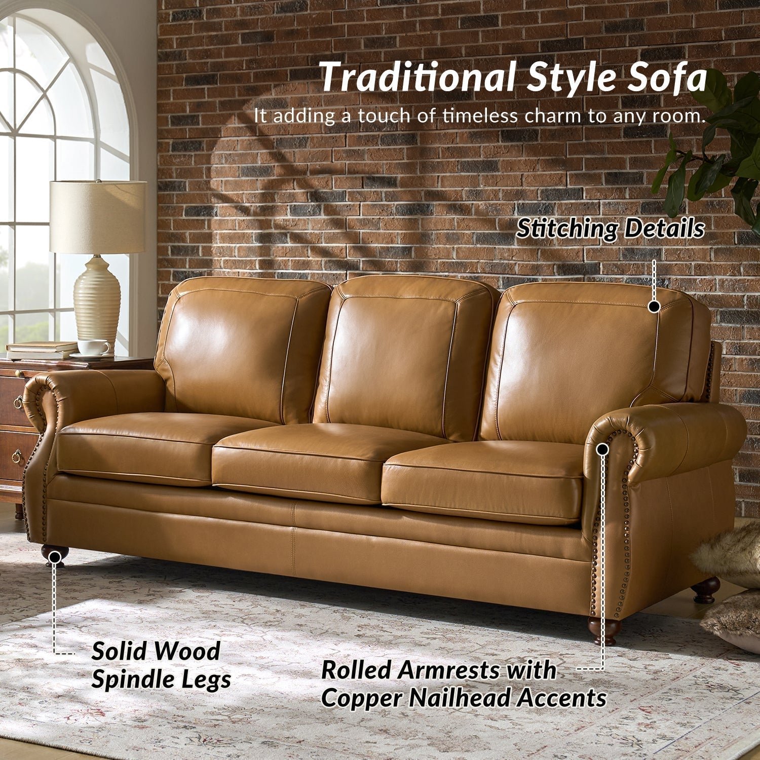 Gerardo Genuine Leather Sofa – Camel Rolled Arm Nailhead Sofa - Image 3