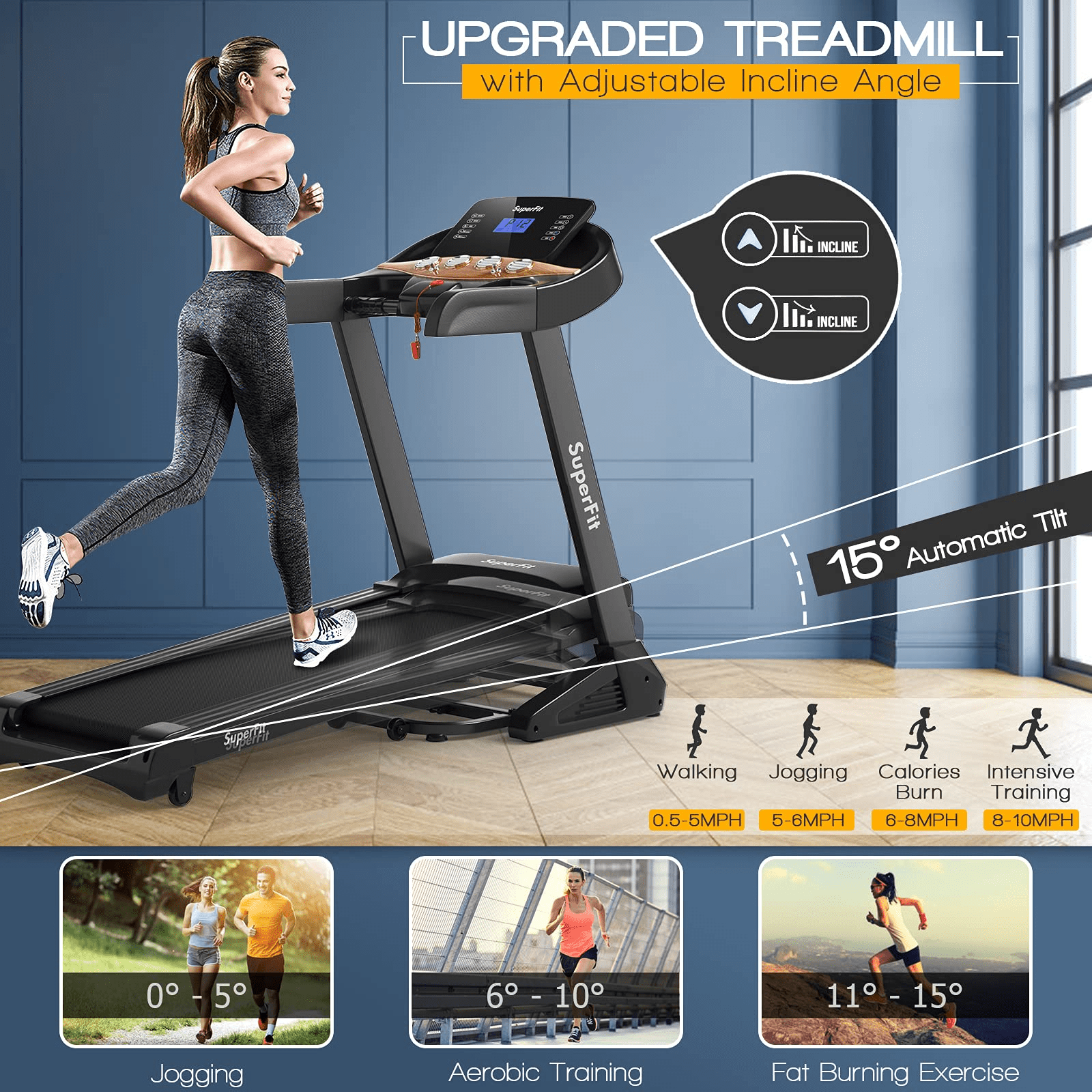 Goplus 3.75HP Folding Treadmill with Incline, Electric Superfit Treadmill w/App Control, 12 Preset & 3 Custom Programs - Image 2