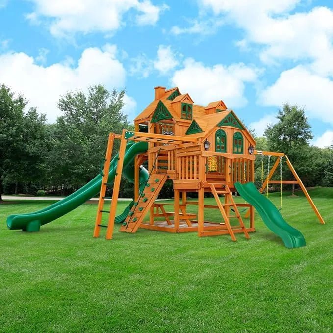 Gorilla Playsets Empire Extreme Wooden Swing Set with Monkey Bars, Clatter Bridge, and 3 Slides - Image 2