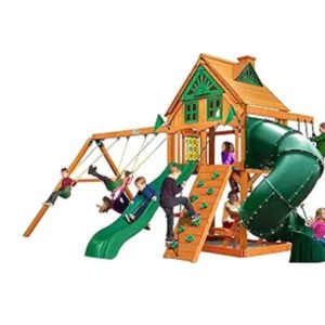 Gorilla Playsets Mountaineer Treehouse Wooden Swing Set with Tube Slide