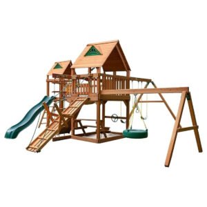 Gorilla Playsets Pioneer Peak Treehouse Wooden Swing Set with Clatter Bridge & Tire Swing