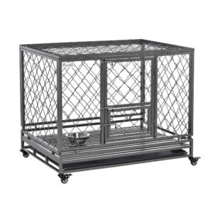 Heavy Duty Dog Cage Metal Kennel and Crate Dog Playpen with Lockable Wheels, Slide-out Tray, Food Bowl and Double Doors