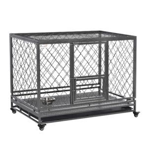 Heavy Duty Dog Cage Metal Kennel and Crate Dog Playpen with Lockable Wheels, Slide-out Tray, Food Bowl and Double Doors