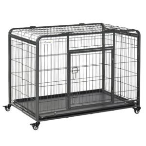 Heavy Duty Metal Dog Crate Pet Cage & Kennel with Removable Tray 4 Wheels & Folding Design Indoor Grey