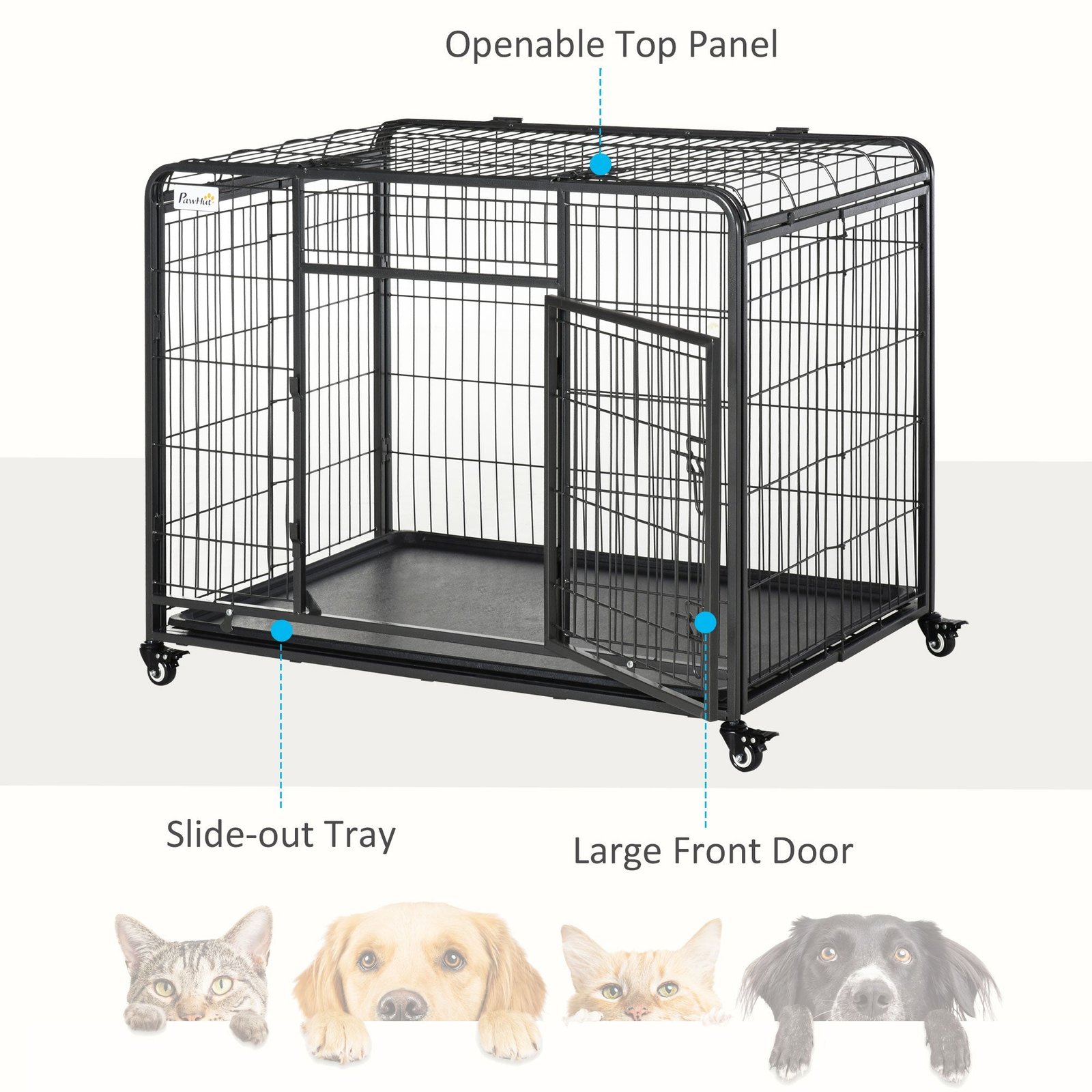 Heavy Duty Metal Dog Crate Pet Cage & Kennel with Removable Tray 4 Wheels & Folding Design Indoor Grey - Image 6