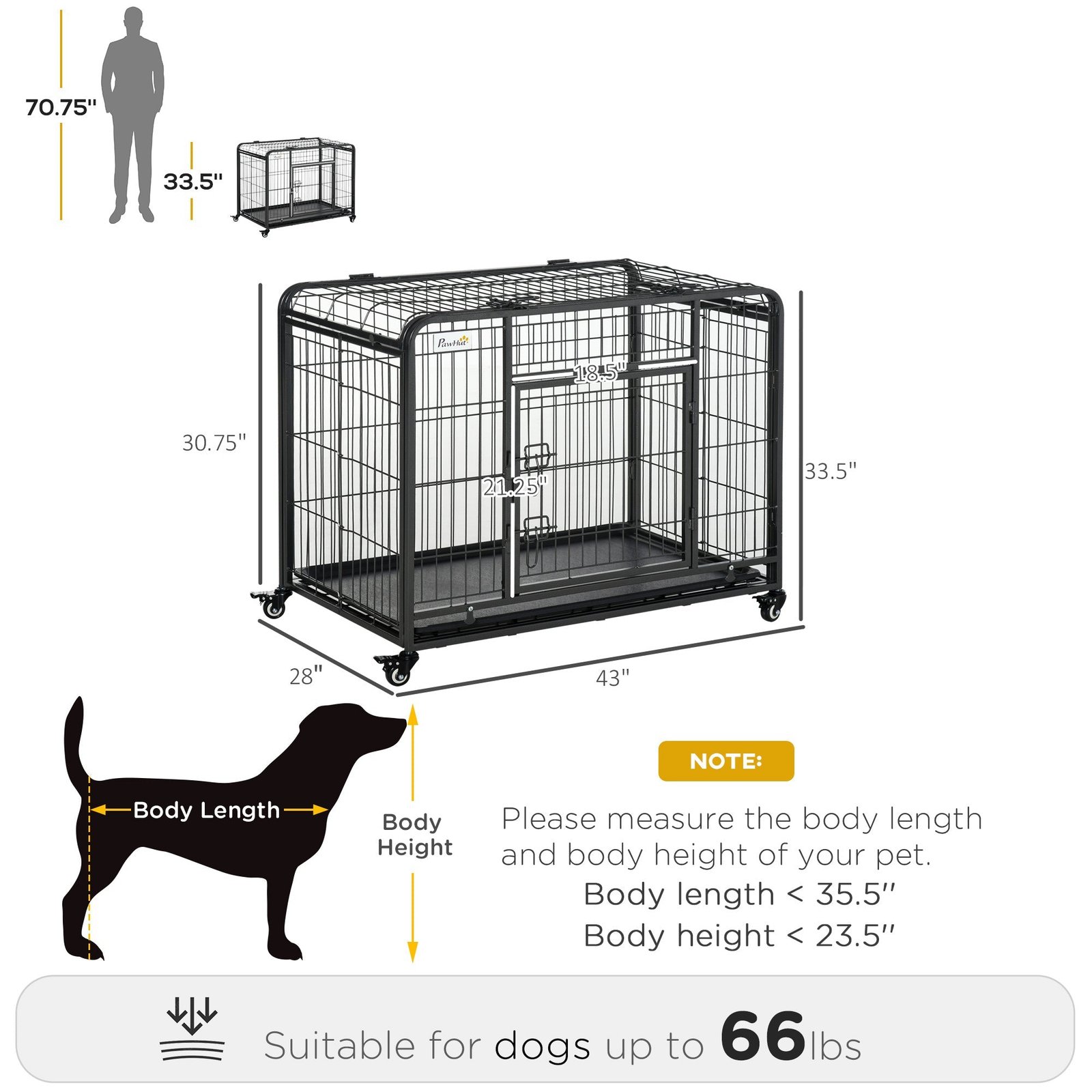 Heavy Duty Metal Dog Crate Pet Cage & Kennel with Removable Tray 4 Wheels & Folding Design Indoor Grey - Image 3