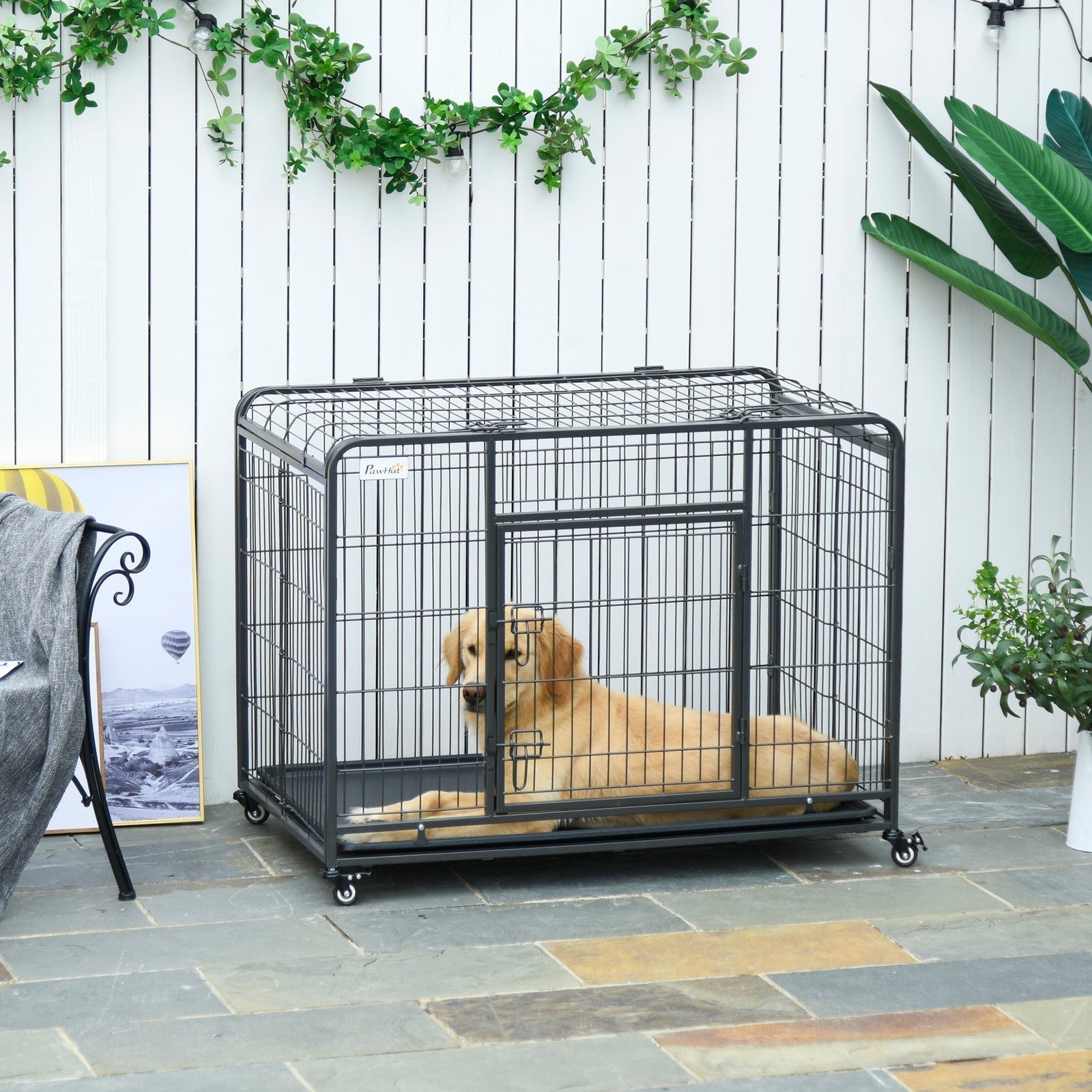 Heavy Duty Metal Dog Crate Pet Cage & Kennel with Removable Tray 4 Wheels & Folding Design Indoor Grey - Image 2