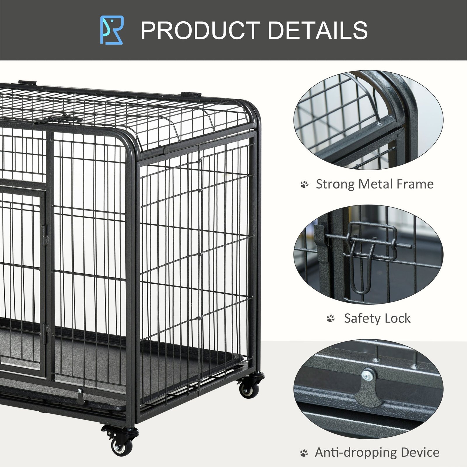Heavy Duty Metal Dog Crate Pet Cage & Kennel with Removable Tray 4 Wheels & Folding Design Indoor Grey - Image 5