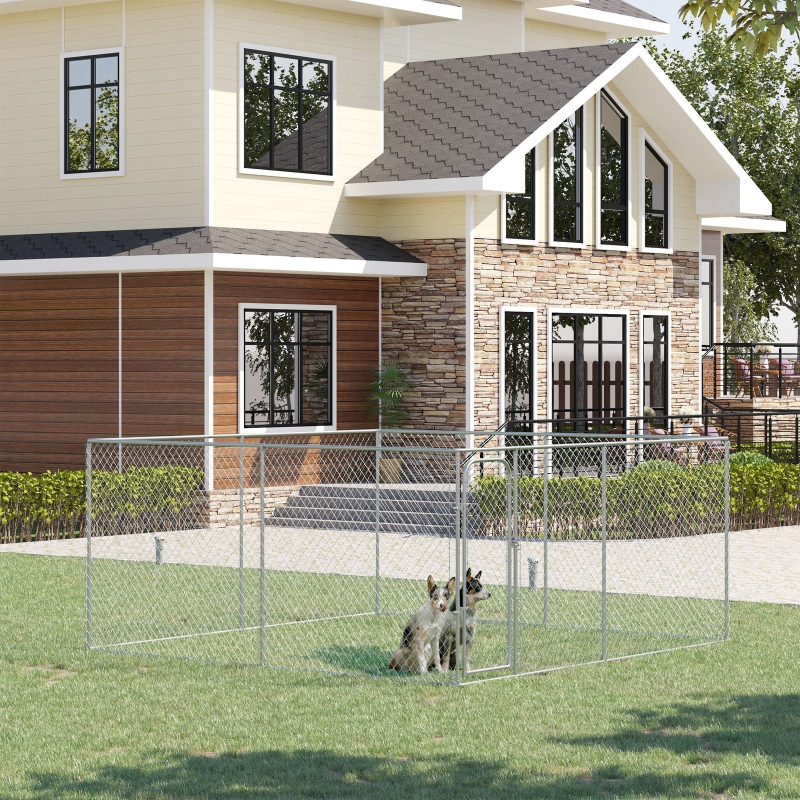Heavy Duty Outdoor Dog Kennel Galvanized Chain Link Fence, Pet Run House Chicken Coop with Secure Lock Mesh Sidewalls for Backyard, Silver - Image 2