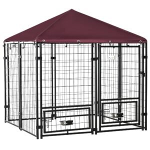 Indoor/Outdoor Metal Dog Kennel, Dog House with Lock, Weather Resistant Canopy and 2 Bowl Holders and Bowls, 4.6' x 4.6' x 5', Black / Red