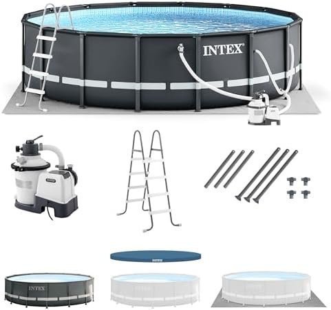 Intex Ultra XTR Frame 14′ x 42″ Round Above Ground Outdoor Swimming Pool Set with Sand Filter Pump, Ladder, Ground Cloth, and Pool Cover