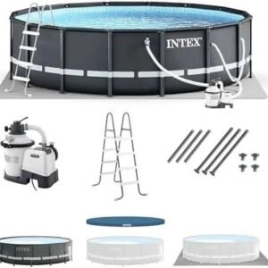 Intex Ultra XTR Frame 14′ x 42″ Round Above Ground Outdoor Swimming Pool Set with Sand Filter Pump, Ladder, Ground Cloth, and Pool Covers