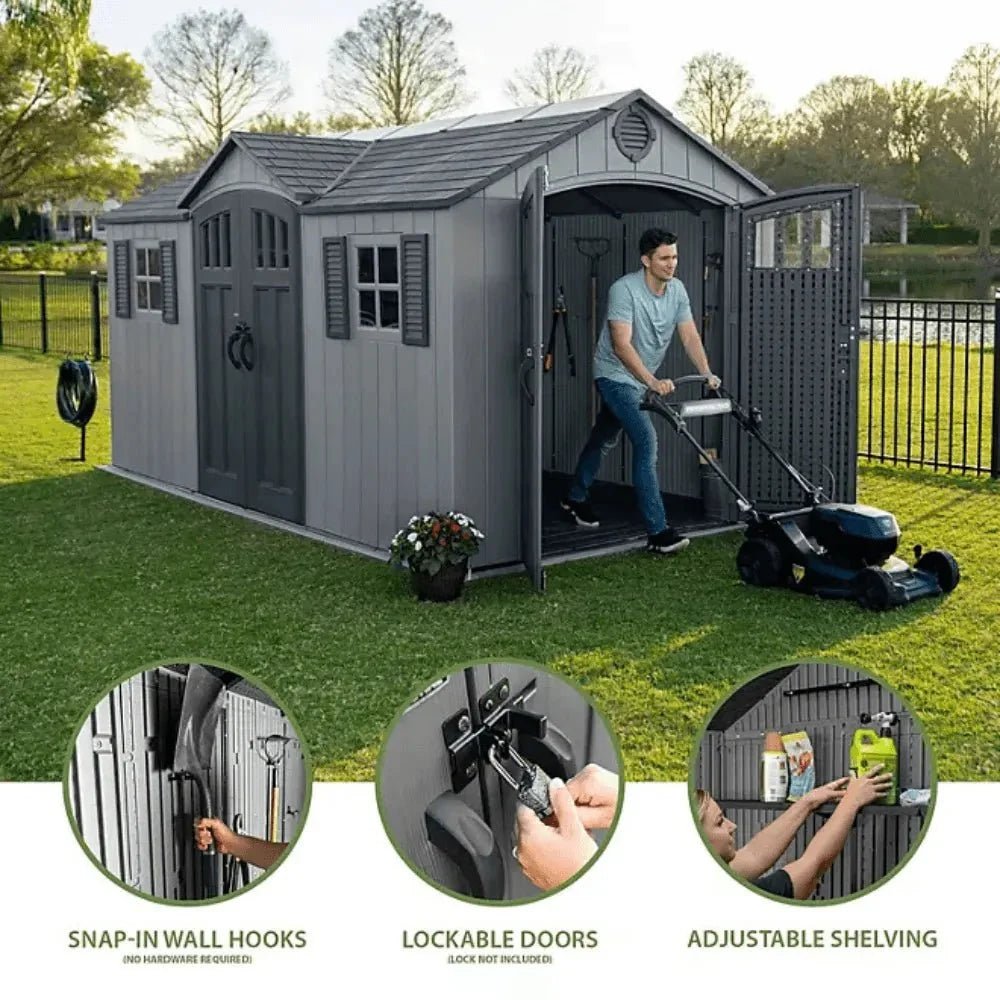 Lifetime 15 ft. x 8 ft. Dual Entry Outdoor Storage Shed, Gray