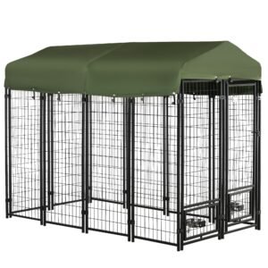 Outdoor Dog Kennel, Lockable Pet Playpen Crate, Welded Wire Steel Fence, with Water-, UV-Resistant Canopy, Rotating Bowl Holders, Door