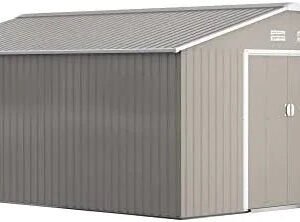 Outsunny 11′ x 13′ Outdoor Storage Shed, Garden Tool Metal Shed with Foundation Kit, Double Lockable Door, Air Vents and Slopings Roofs, for Backyard, Patio, Lawn, Light Grays