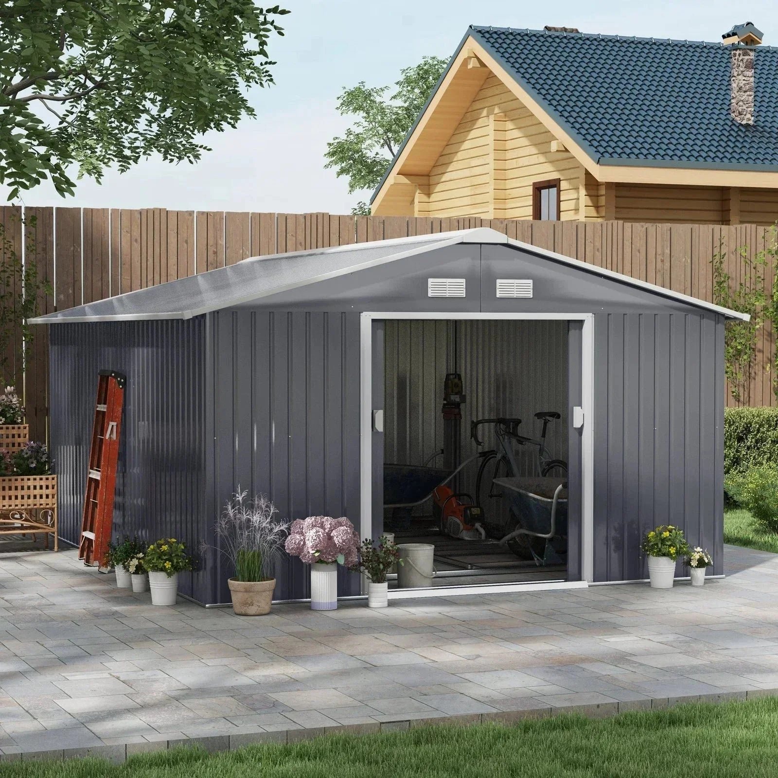 Outsunny Outdoor Storage Shed Dark Gray 11’×13′ Galvanized Steel