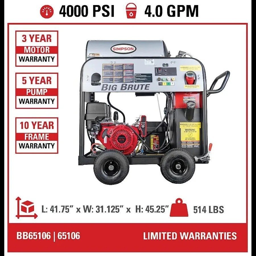 Simpson BB65106 Big Brute Professional 4000 PSI (Gas-Hot Water) Pressure Washer – UK Fast Gas