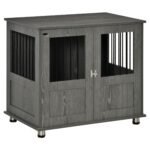 Stylish Dog Kennel, Wooden End Table Furniture with Cushion & Lockable Magnetic Doors, Small Size Pet Crate Indoor Animal Cage, Grey