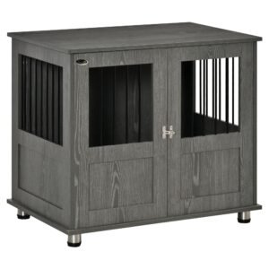 Stylish Dog Kennel, Wooden End Table Furniture with Cushion & Lockable Magnetic Doors, Small Size Pet Crate Indoor Animal Cage, Grey