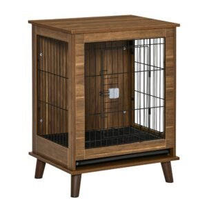 Stylish Dog Kennel, Wooden & Wire End Table Furniture with Cushion & Lockable Magnetic Doors, Small Size Pet Crate Indoor Animal Cage, Brown
