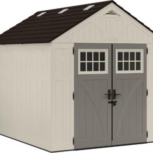 Suncast 8×10 Ft. Outdoor Storage Shed – Large Resin Outdoor Shed with Floor Included, Lockable Double Doors & Skylights. 547 Cu Ft Tremont Garden Resin Sheds for Lawn Tools, Riding Mowers, & Bikes