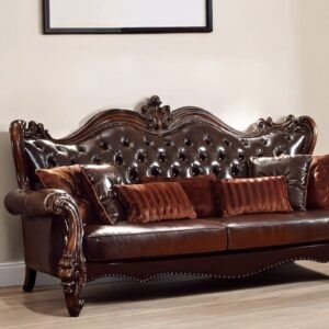 The Beaumont – Brown Faux Leather Sofa with Toss Pillows