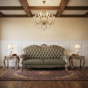 The Oryndal – 96" Bone Faux Leather Sofa with Toss Pillows & White Legs