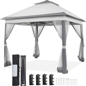 Yaheetech 11×11 Pop Up Gazebo Outdoor Canopy Shelter, Instant Patio Gazebo Sun Shade Canopy Tent with 4 Sandbags, 2 Tiers Roof & Mesh Netting for Lawn, Garden, Backyard & Deck, Gray
