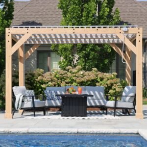 Yardistry Structures 10×12 Ft Cedar Wood Louvered Pergola, Natural Cedar